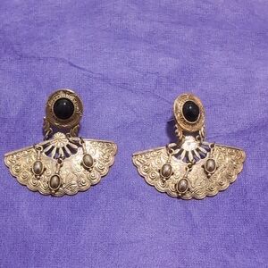 Source Unknown Gold and Black Fan Earrings